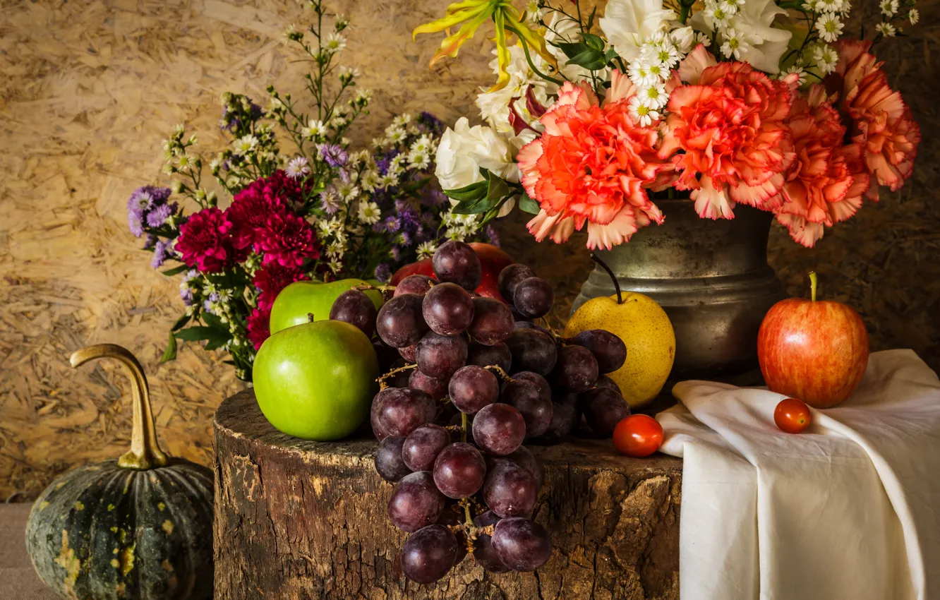 Фото обои цветы, яблоки, букет, виноград, тыква, фрукты, натюрморт, овощи