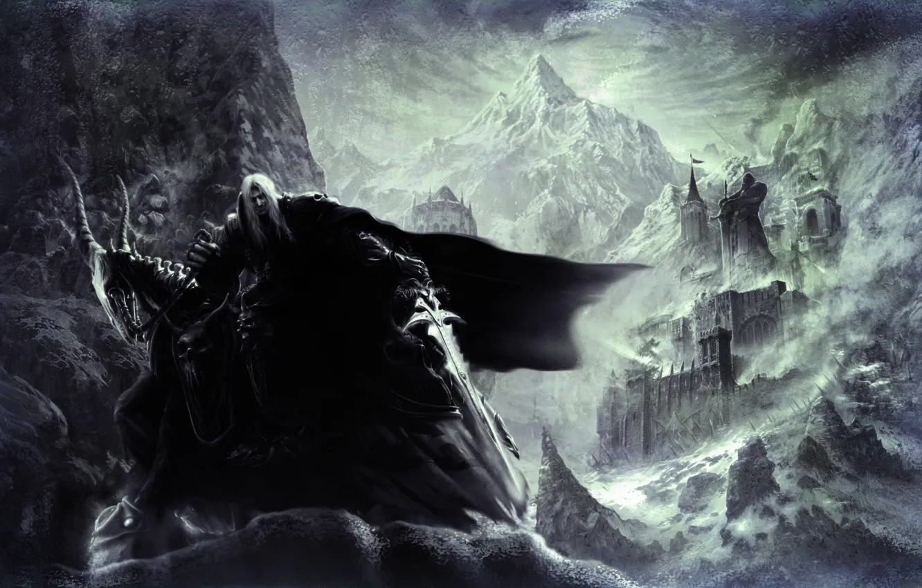 Фото обои снег, горы, замок, меч, статуя, плащ, коза, warcraft 3
