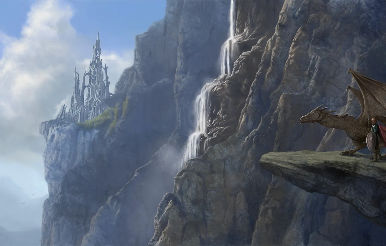 Фото обои горы, скала, замок, обрыв, дракон, человек, водопад, фэнтези