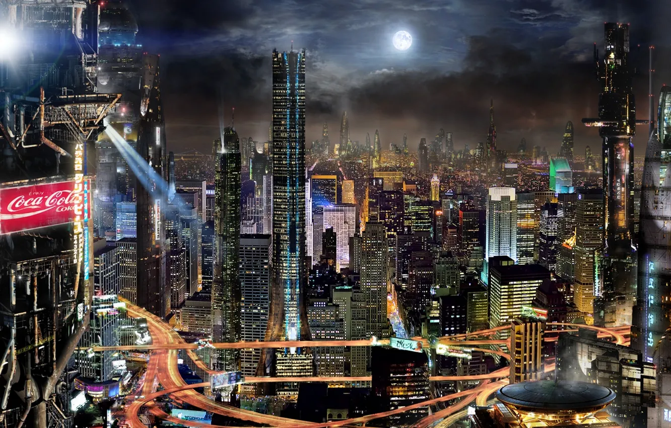 Фото обои облака, ночь, город, будущее, фантастика, здания, Луна, реклама