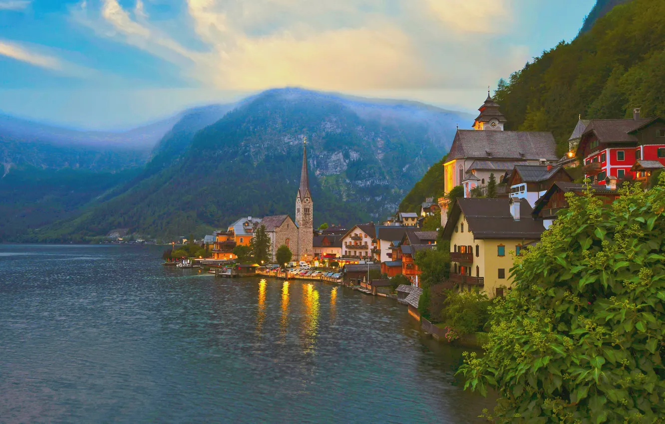 Фото обои горы, озеро, здания, дома, Австрия, Альпы, Austria, Hallstatt