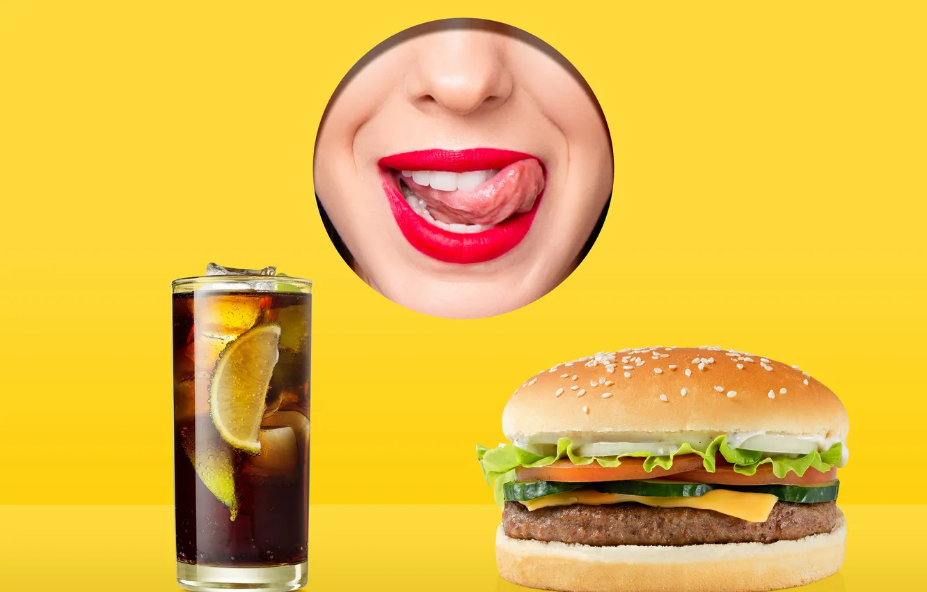 Фото обои woman, lips, cola, drink, hamburger, tongue