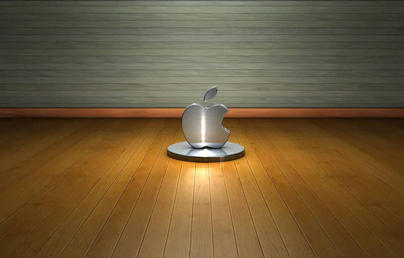 Фото обои стена, дерево, apple, лого, пол, метал, Hi-Tech