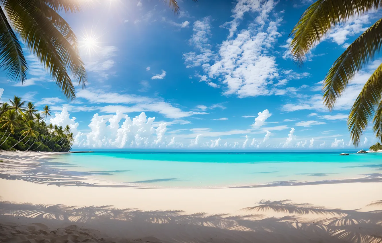 Фото обои песок, море, пляж, лето, солнце, облака, тропики, синева