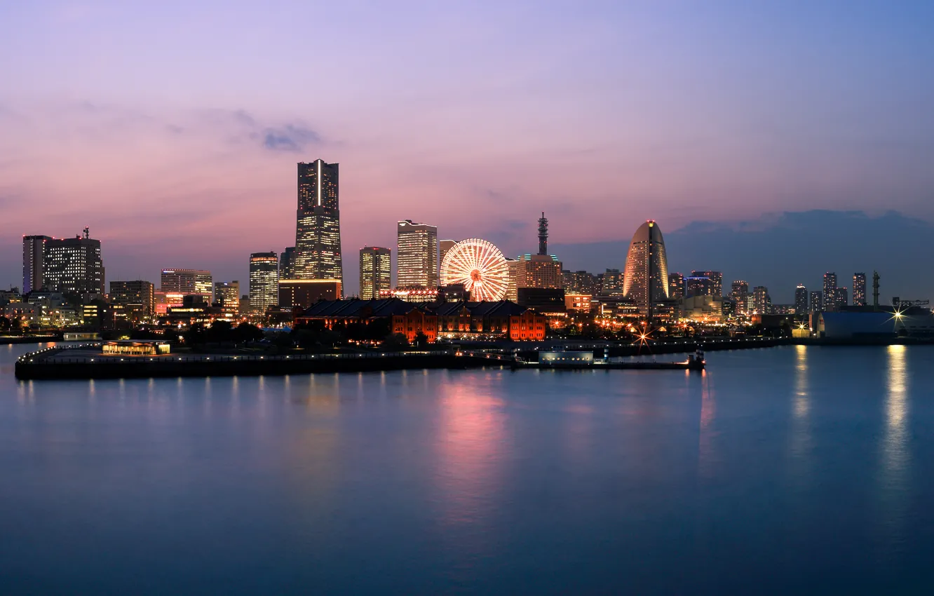 Фото обои Japan, panorama, Evening, buildings, Yokohama, Kanagawa Prefecture, Yokohama-shi, ferris wheel