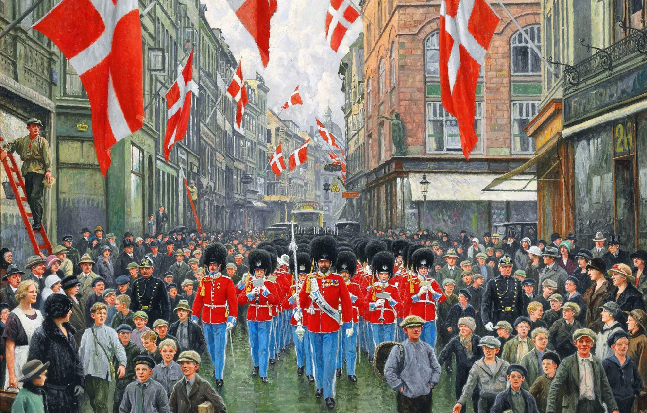 Фото обои Дома, Улица, Люди, Картина, Флаги, Солдаты, Поль Густав Фишер, Paul Gustav Fischer