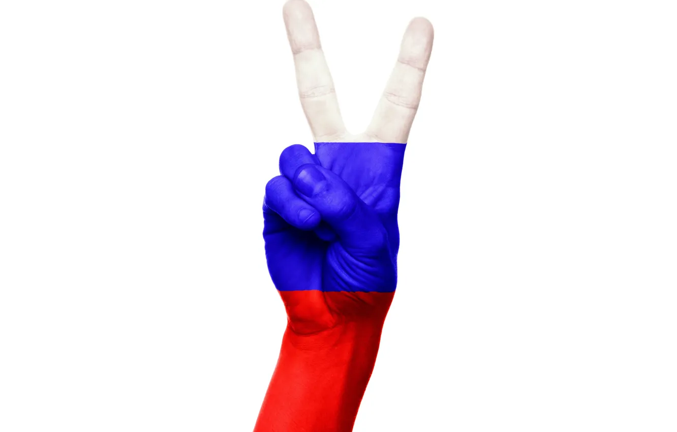 Фото обои Рука, Флаг, Белый фон, Россия, Символ, Пальцы, Мы победим