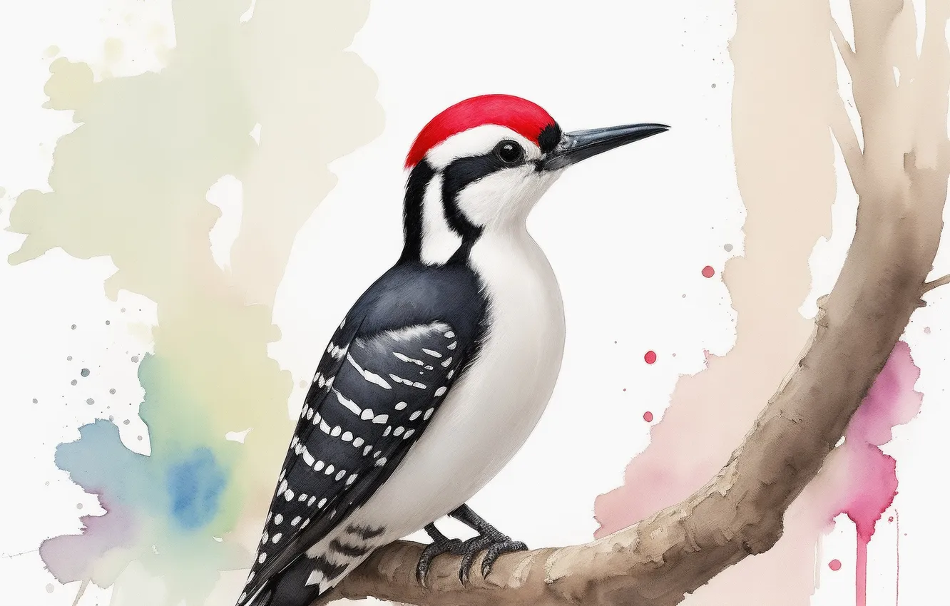 Фото обои птицы, птица, рисунок, дятел, акварель, bird, birds, drawing