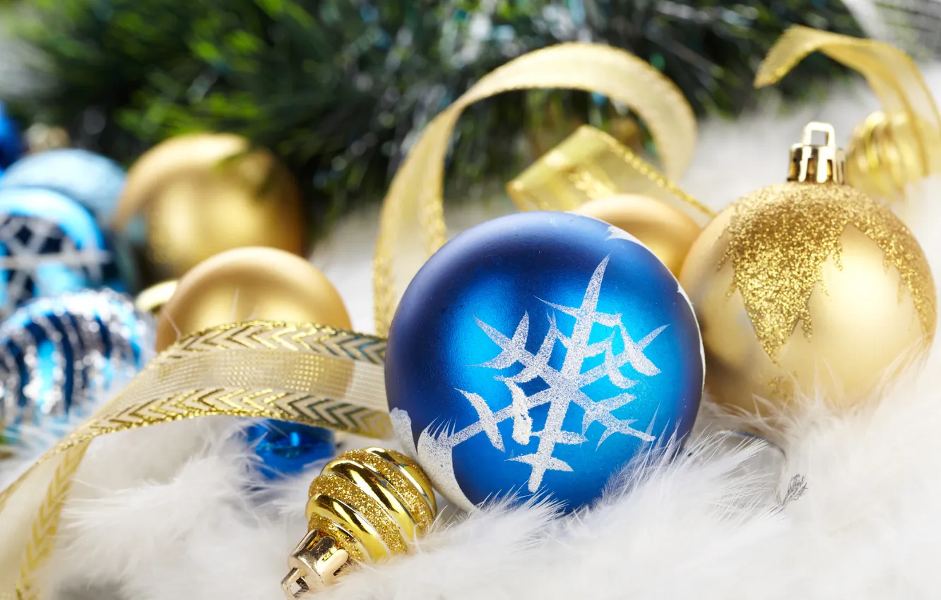 Фото обои синий, шары, елка, пух, лента, золотой, снежинка, Новогодние