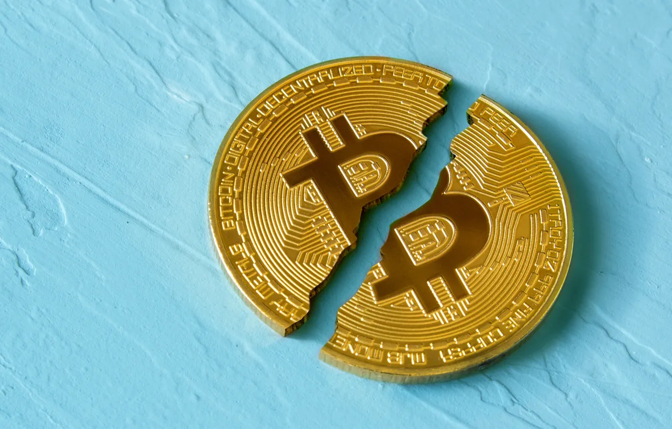 Фото обои бирюзовый, монета, разрыв, bitcoin, биткоин, btc