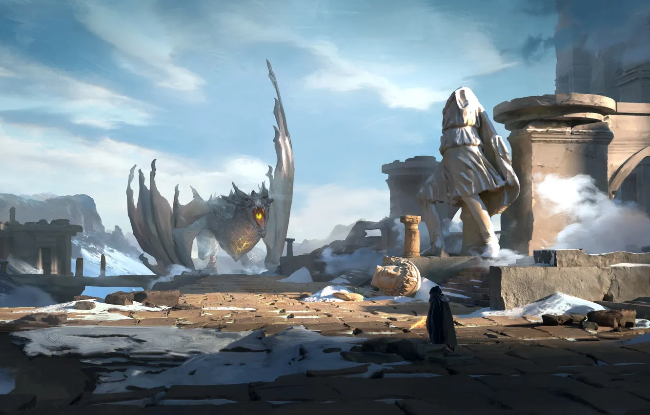 Фото обои fantasy, Dragon, ruins, digital art, artwork, fantasy art, creature, statue