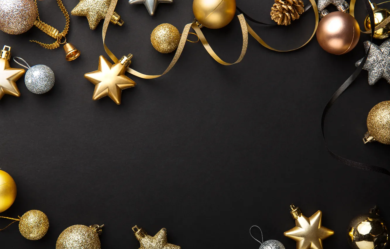 Фото обои украшения, золото, шары, Новый Год, Рождество, golden, черный фон, black