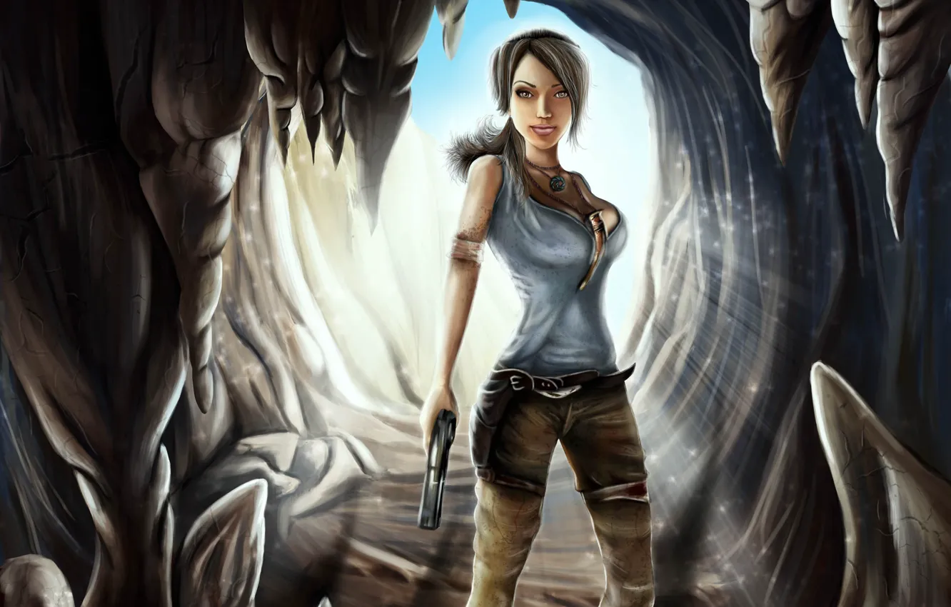 Фото обои девушка, свет, пистолет, арт, Tomb Raider, пещера, lara croft
