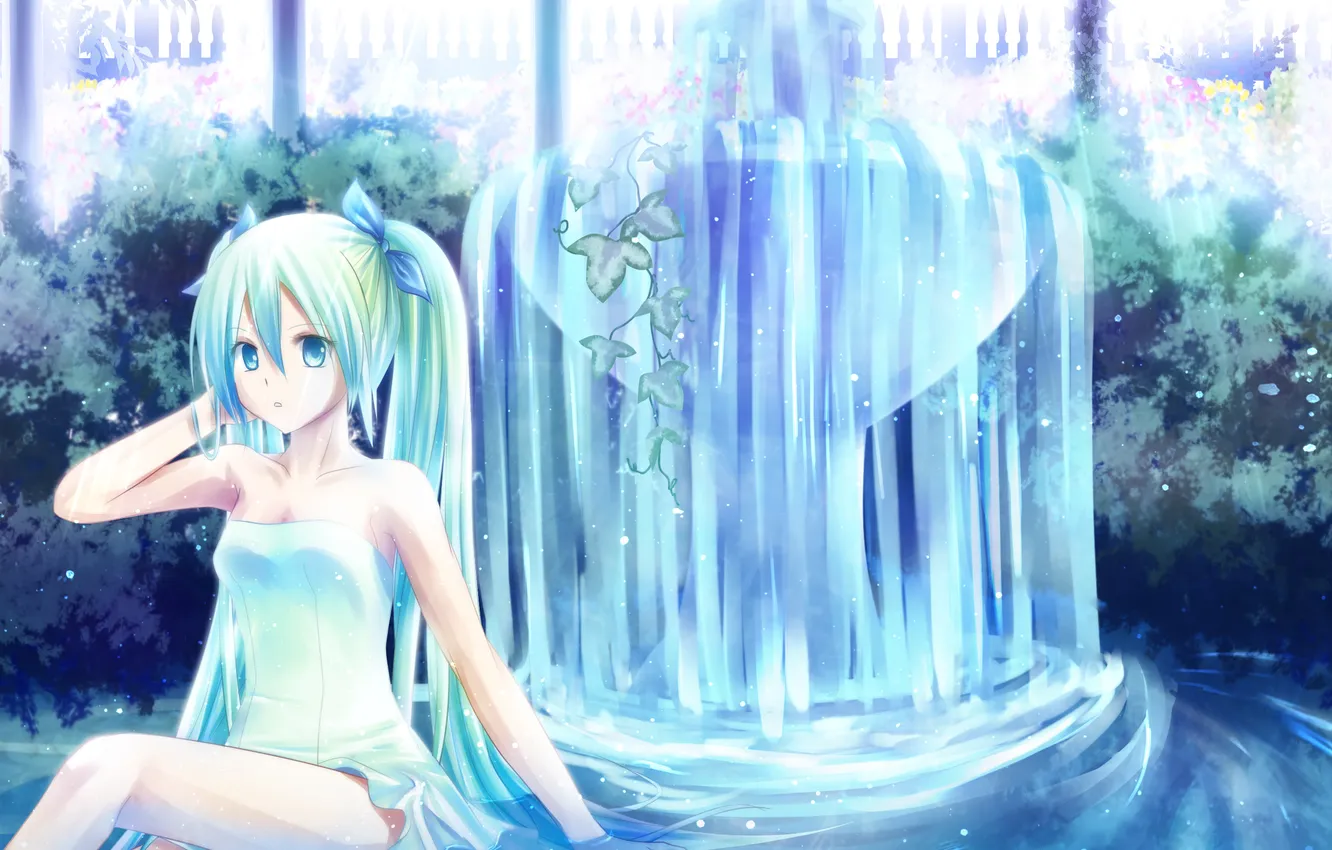 Фото обои вода, девушка, растения, фонтан, vocaloid, hatsune miku, кусты, вокалоид