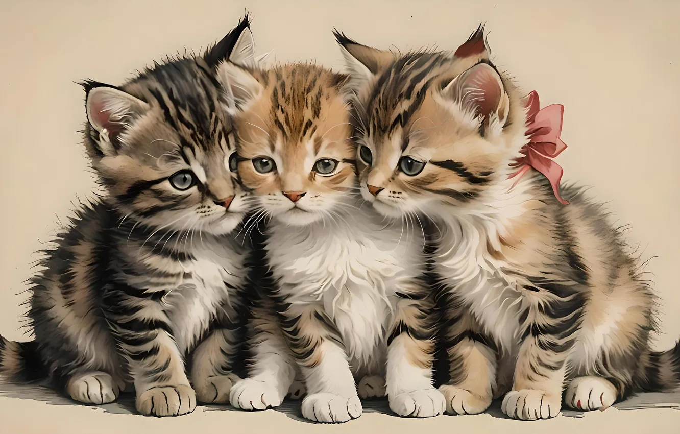 Фото обои кошка, взгляд, котенок, котята, мордашка, трио, ИИ-арт, нейросеть