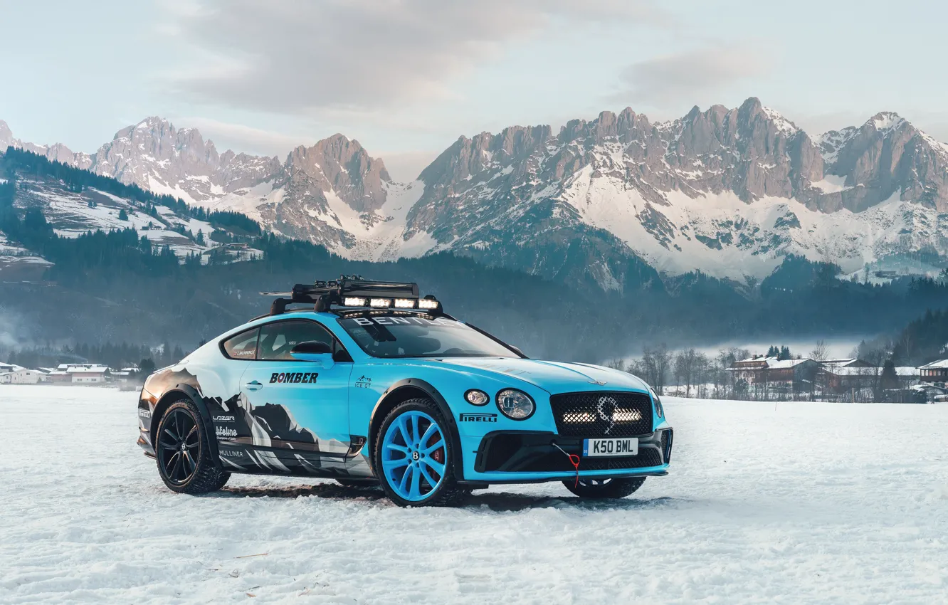 Фото обои снег, горы, Bentley, Continental, Bentley Continental, 2020, Bentley Continental Gt