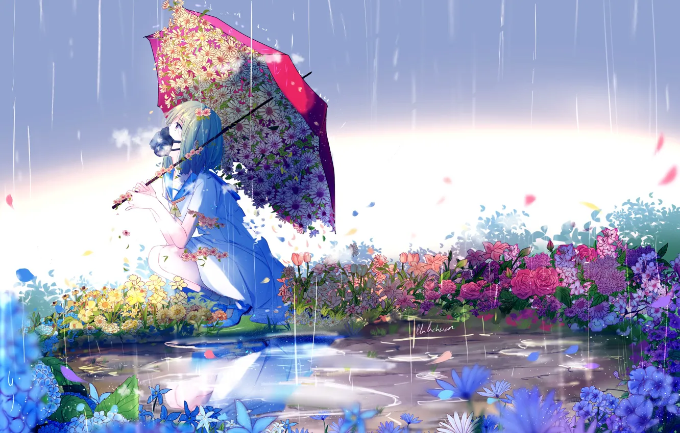 Фото обои дождик, капли, цветы, ромашки, зонт, лужа, девочка, сидит