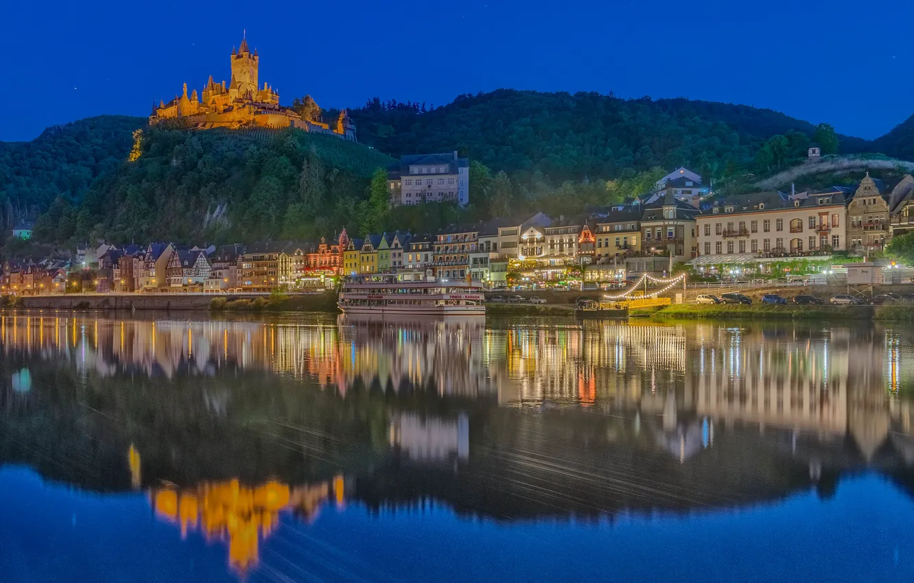 Фото обои отражение, река, замок, пристань, дома, Германия, ночной город, Germany