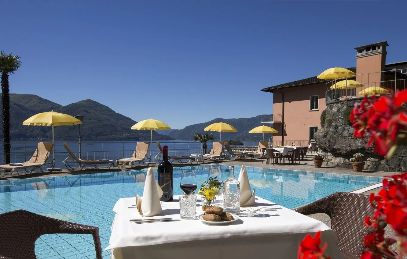 Фото обои горы, озеро, вилла, бассейн, Швейцария, отель, Switzerland, Ascona