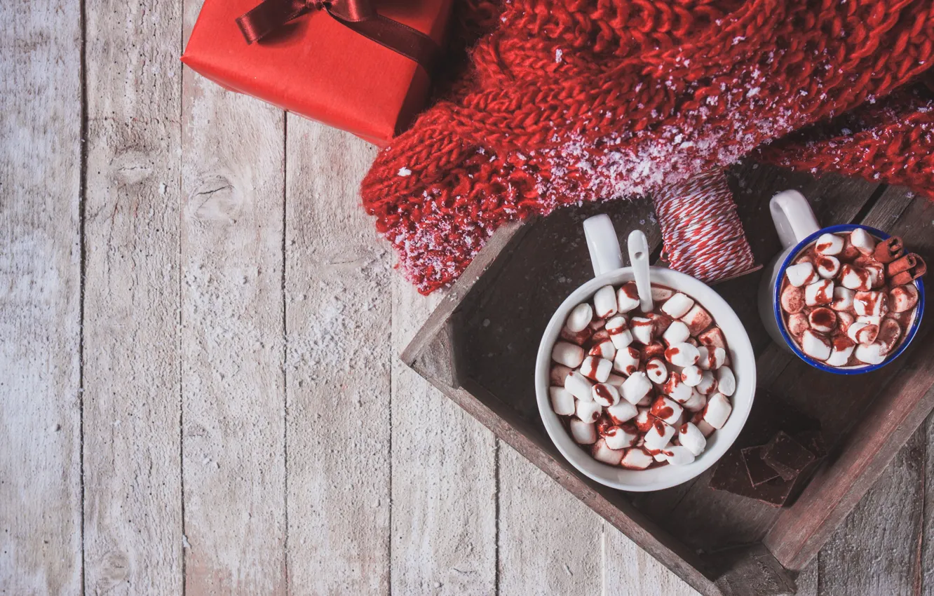 Фото обои подарок, шарф, горячий шоколад, marshmallows, Valeria Aksakova