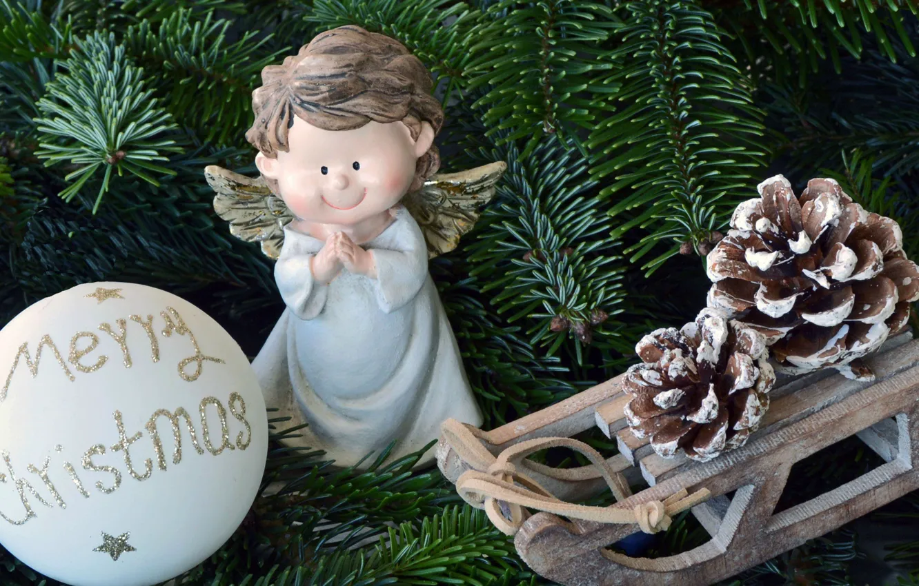 Фото обои ветки, праздник, игрушки, шар, рождество, ель, ангел, санки