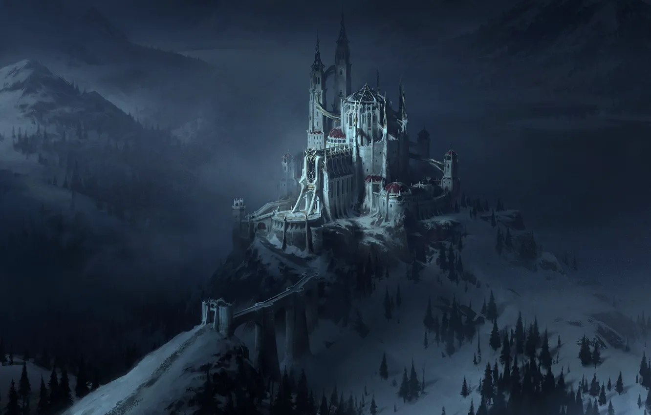 Фото обои зима, снег, горы, ночь, мост, замок, фэнтези, арт