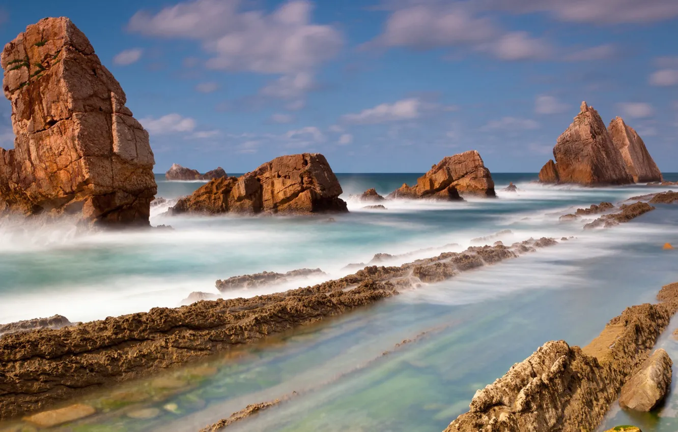 Фото обои waves, sky, landscape, nature, clouds, rocks, Sea, cliffs