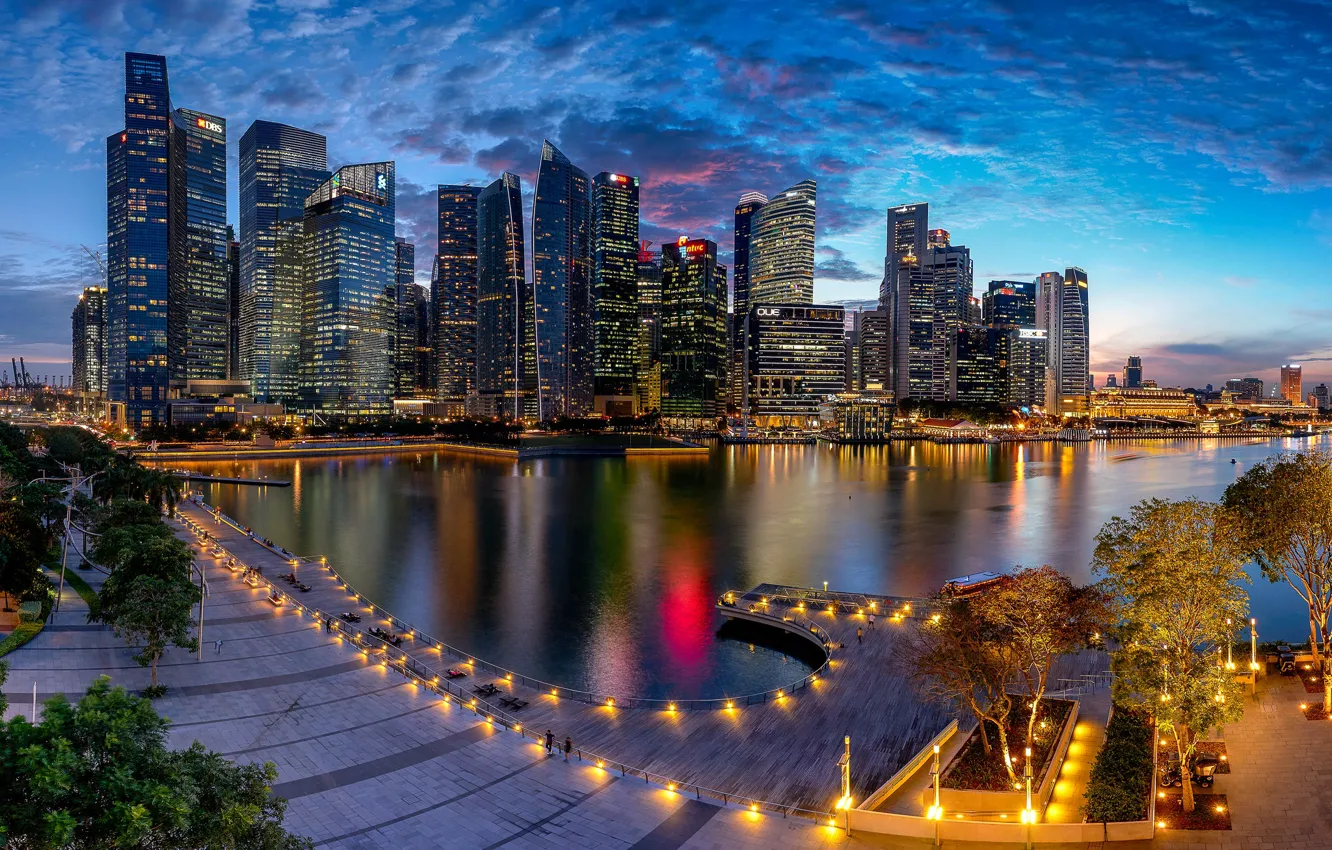 Фото обои огни, вечер, Сингапур, мегаполис, Singapore, Marina Bay