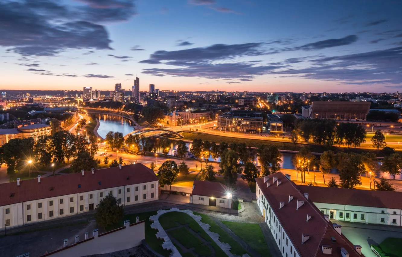 Фото обои панорама, ночной город, Литва, Lithuania, Вильнюс, Vilnius