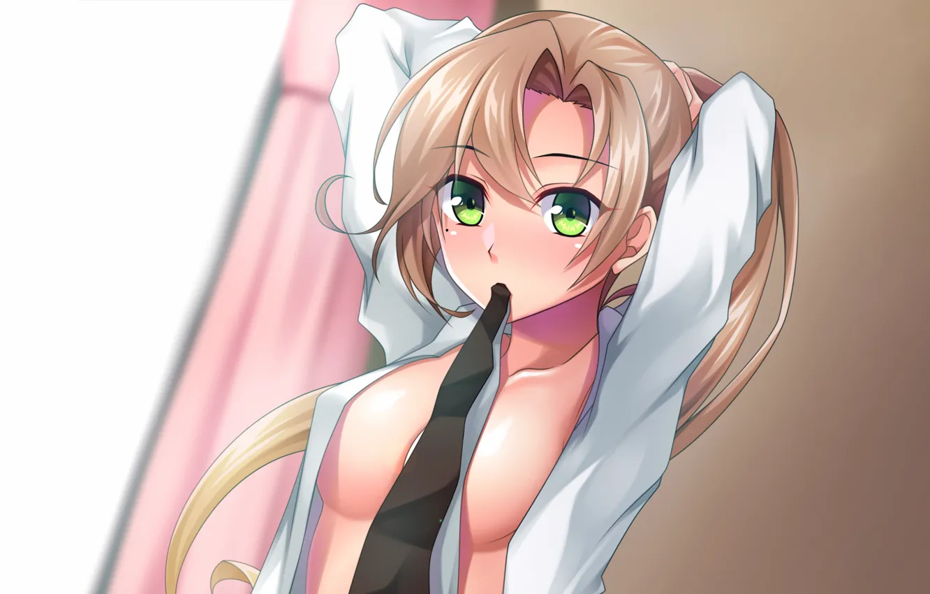 Фото обои girl, sexy, cleavage, green eyes, long hair, boobs, anime, beautiful
