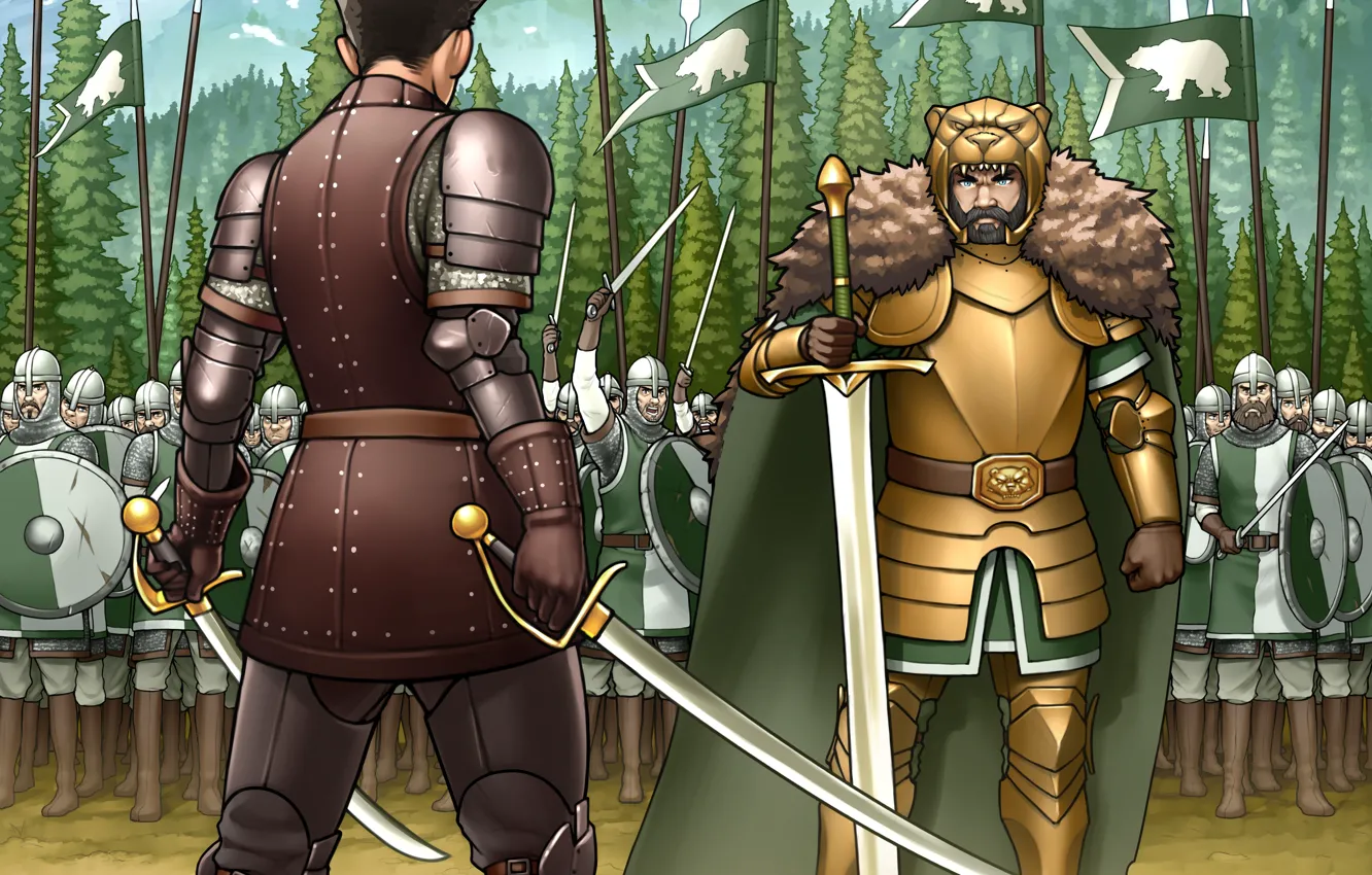 Фото обои меч, армия, медведь, воин, арт, шлем, дуэль, копья