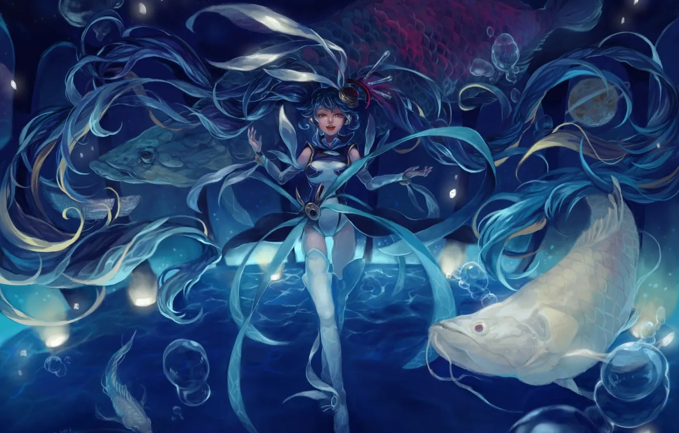 Фото обои девушка, рыбы, пузыри, арт, vocaloid, hatsune miku, под водой, meniusa