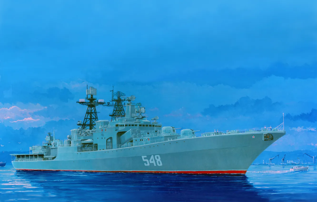 Фото обои вода, рисунок, корабль, большой, арт, порт, катер, ВМФ