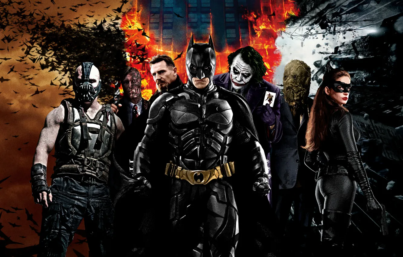 Фото обои Джокер, Бэтмен, The Dark Knight, Темный рыцарь, The Dark Knight Rises, Двуликий, Бэйн, Темный рыцарь: …