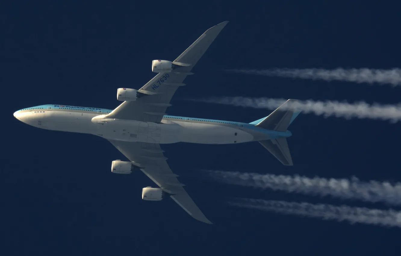 Фото обои Самолет, Boeing, Boeing 747-8 Intercontinental, Авиалайнер, Boeing 747, Korean Air, В полете, Инверсионный след