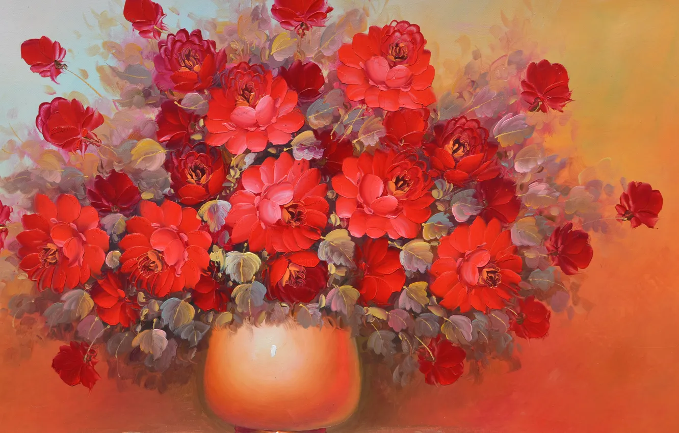 Фото обои красный, Цветы, букет, ваза