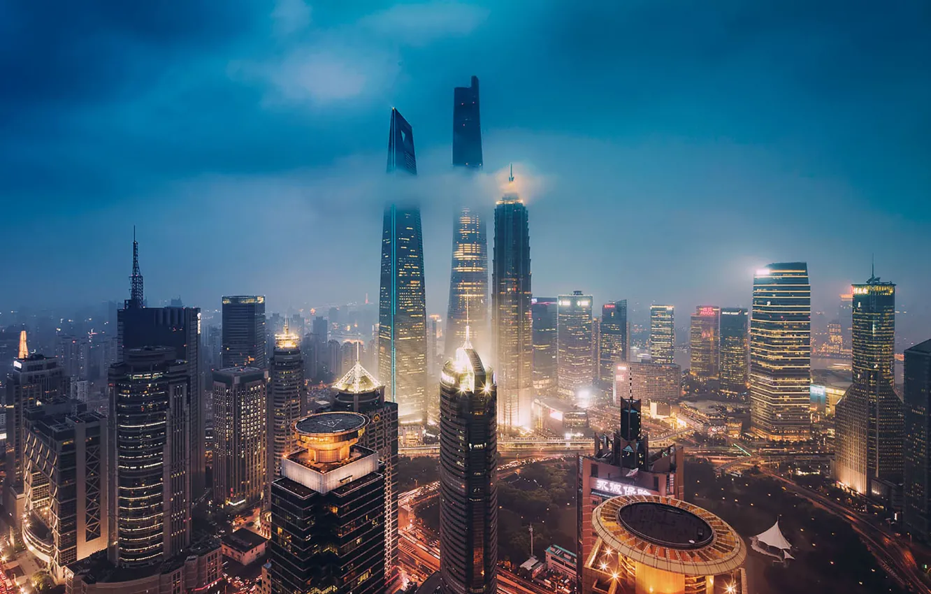 Фото обои облака, ночь, горизонт, трафик, Китай, Шанхай, автомобили, улицы