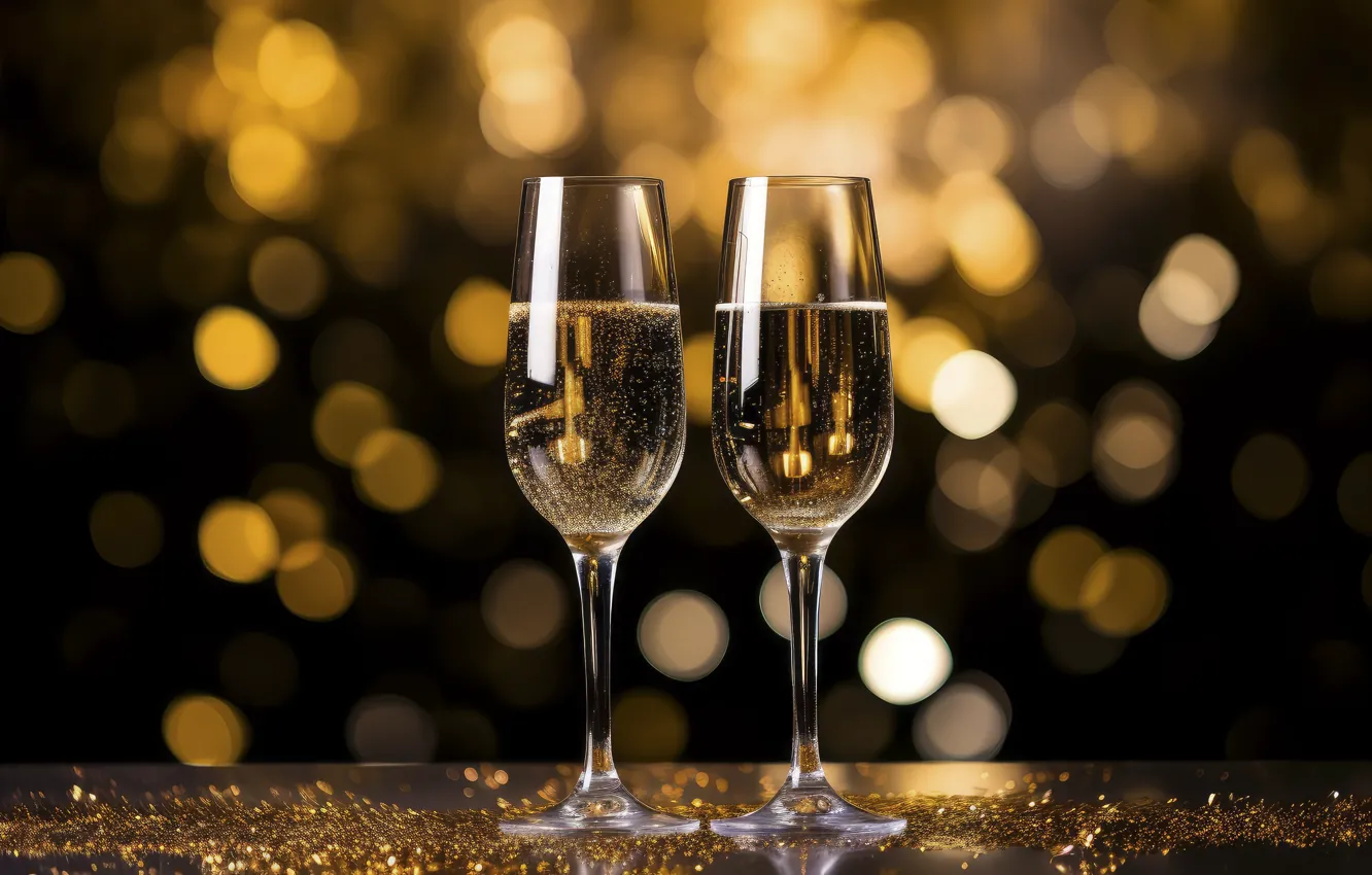 Фото обои Новый Год, бокалы, golden, new year, шампанское, happy, Christmas, bokeh