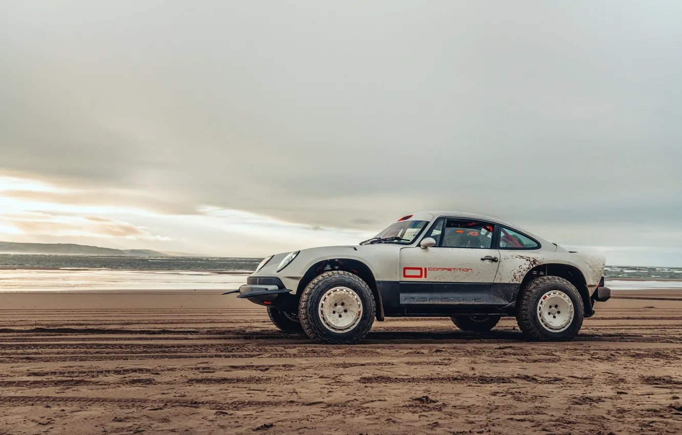 Фото обои песок, пляж, следы, берег, 911, Porsche, 964, AWD
