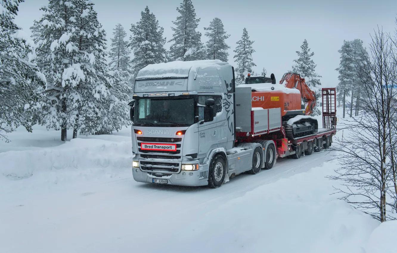 Фото обои зима, снег, прицеп, тягач, Scania, Topline, Streamline, R580