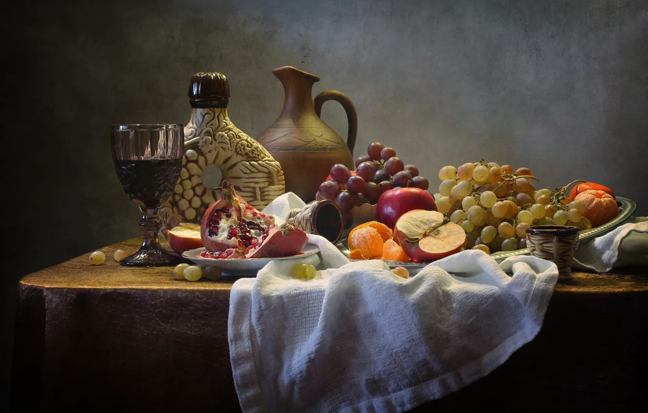 Фото обои вино, бокал, фрукты, натюрморт, салфетка, Ковалёва Светлана, Светлана Ковалёва