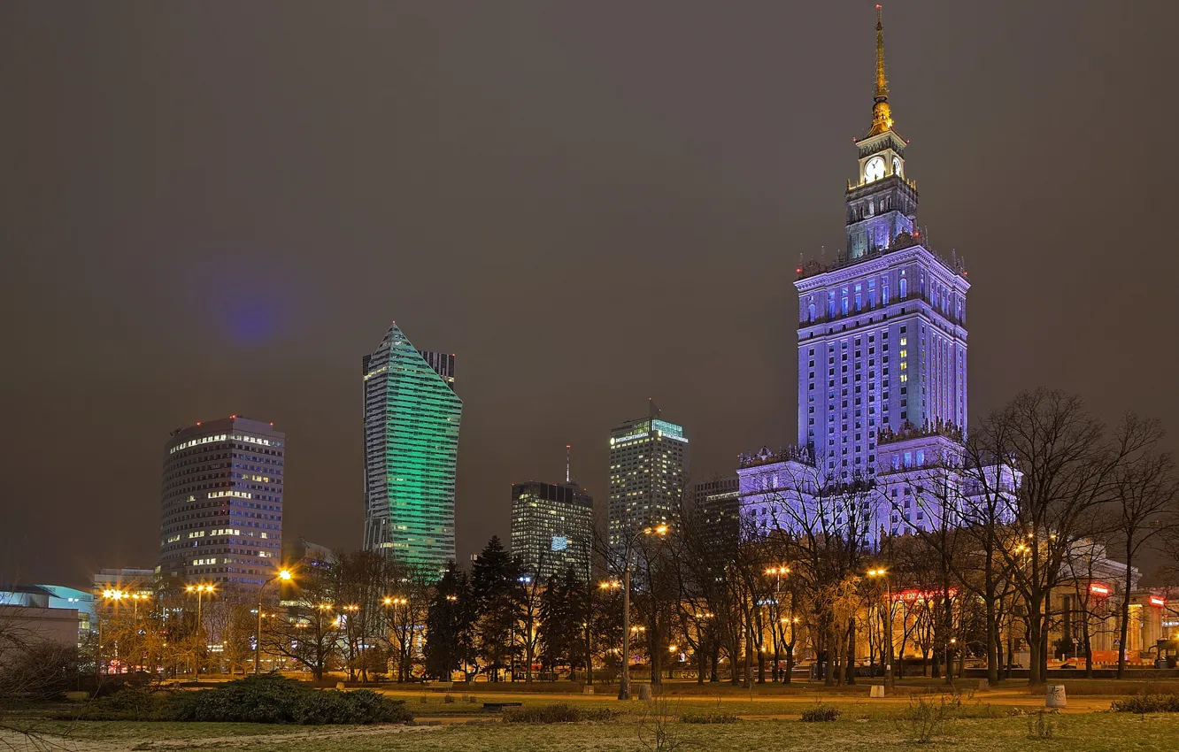 Фото обои ночь, огни, Польша, Варшава