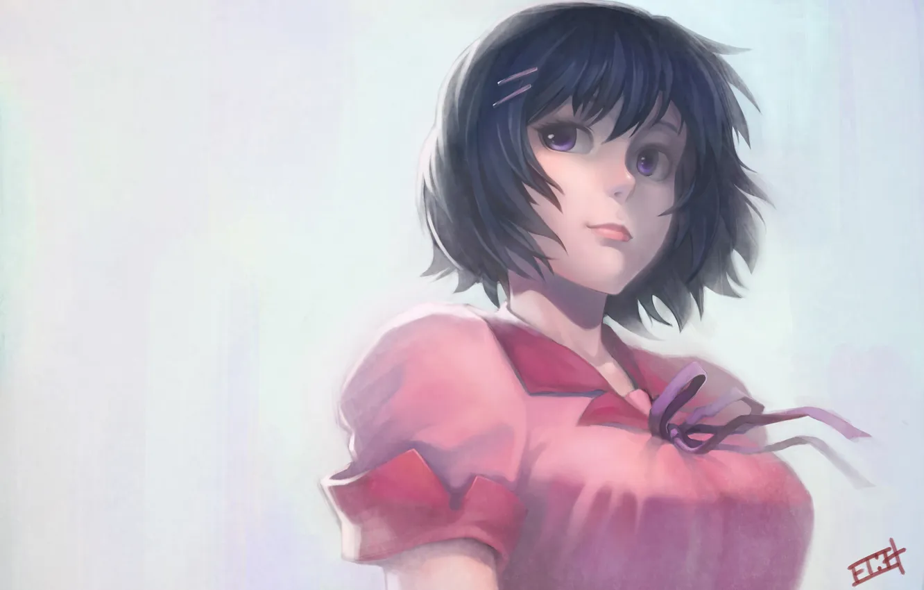 Фото обои девушка, улыбка, ветер, школьница, art, bakemonogatari, gamerag, hanekawa tsubasa