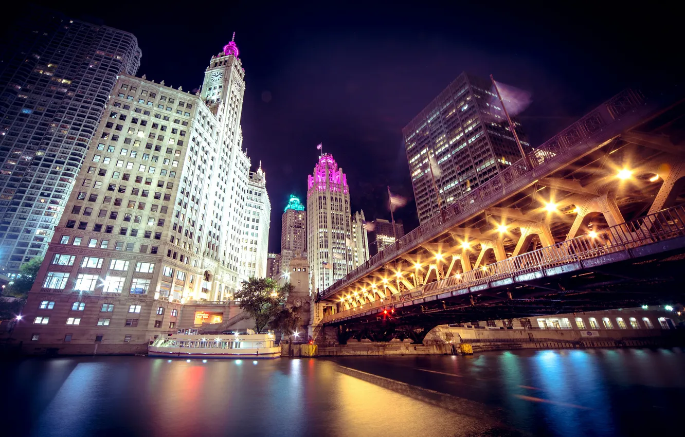 Фото обои ночь, мост, город, огни, река, Чикаго, Иллиноис, Сhicago