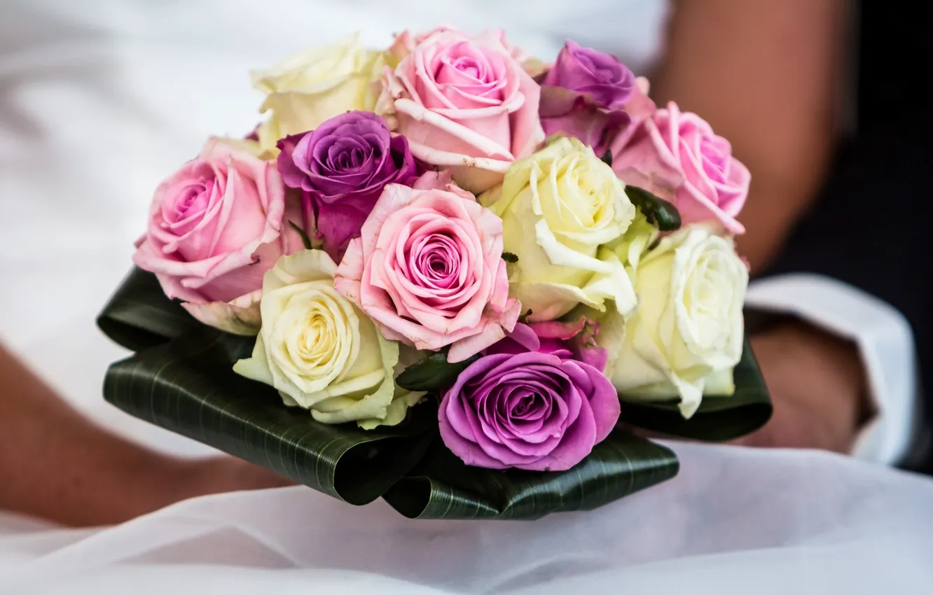 Фото обои розы, букет, лепестки, свадебный