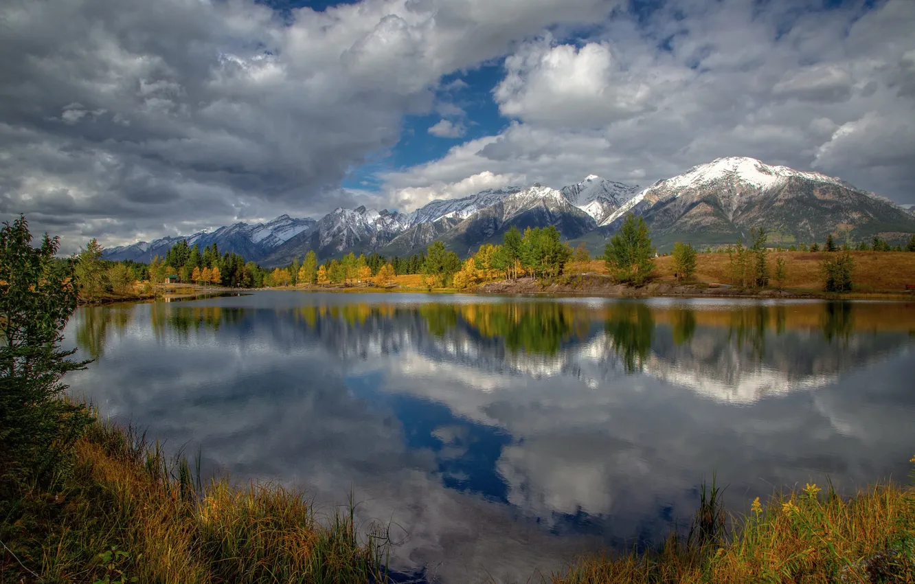 Фото обои осень, небо, деревья, горы, озеро, Alberta, Canmore
