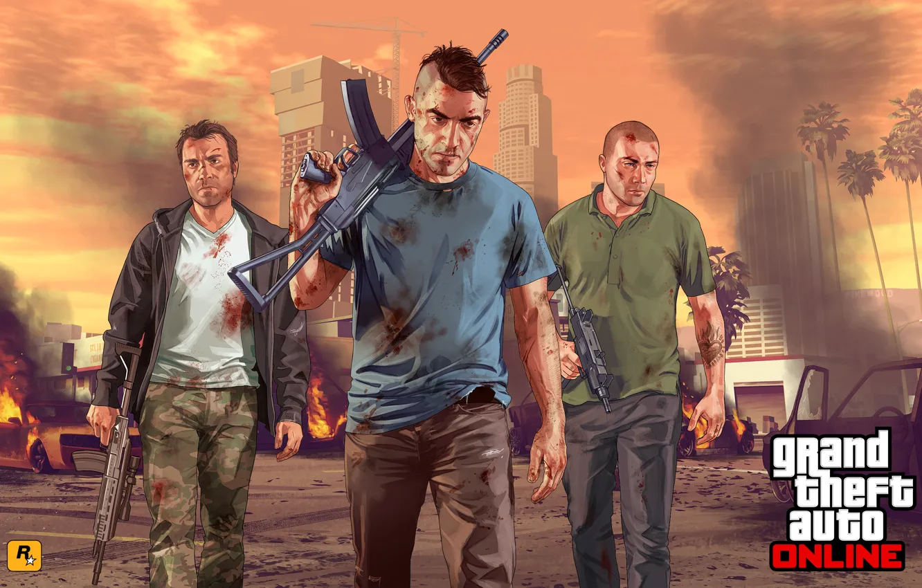 Фото обои город, солдаты, art, Grand Theft Auto 5, gta online, Команда уцелевших, Ak 47