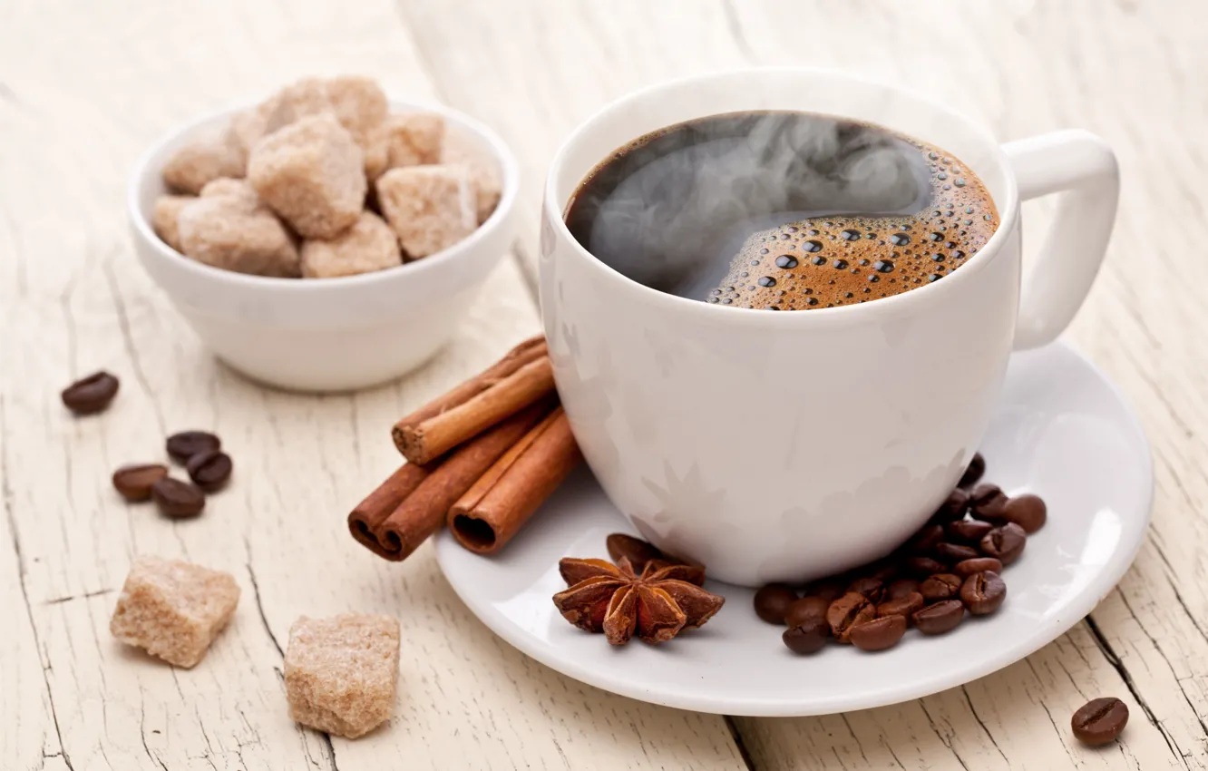 Фото обои кофе, зерна, чашка, сахар, корица