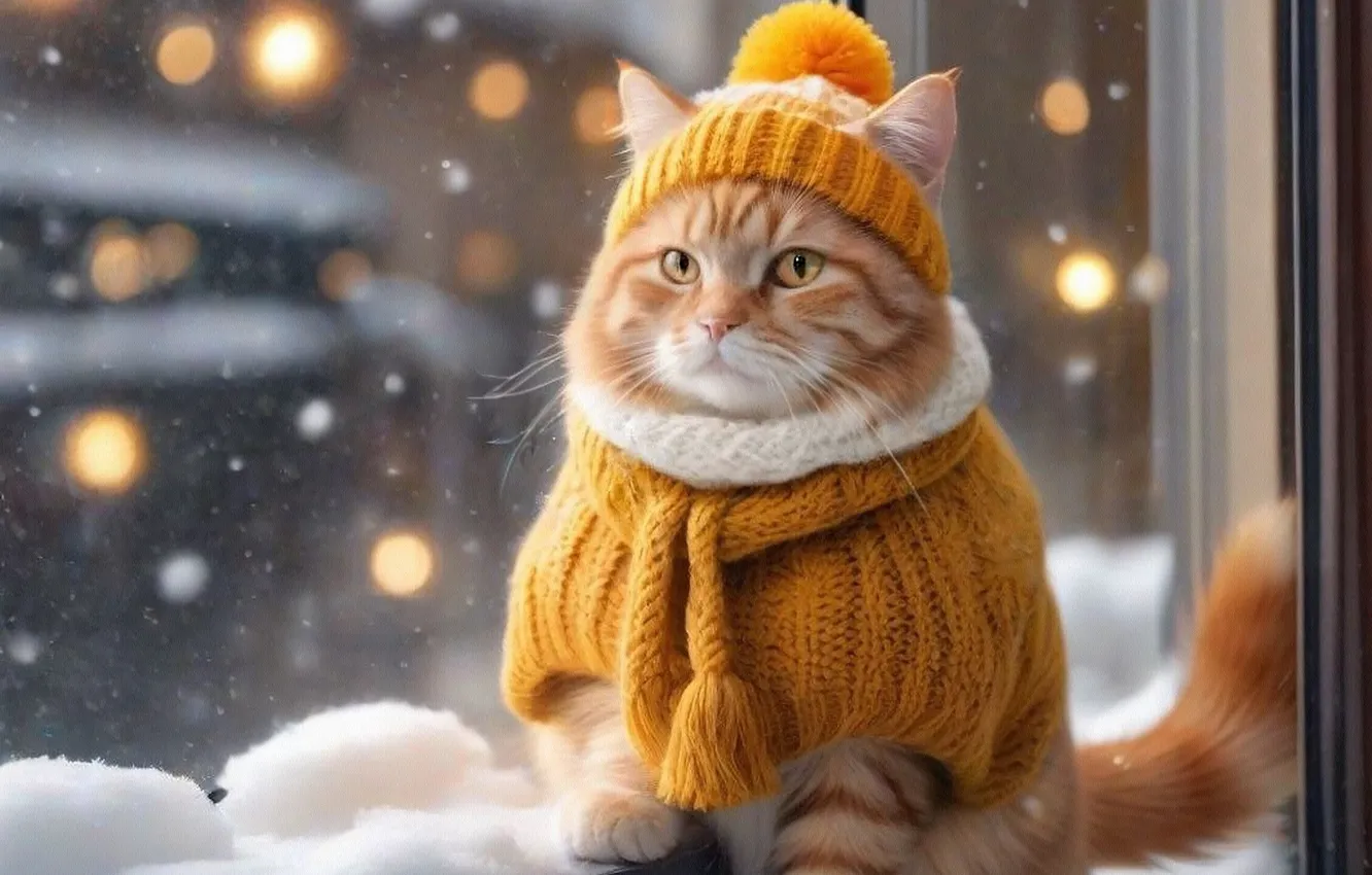 Фото обои зима, кошка, кот, взгляд, снег, желтый, поза, одежда