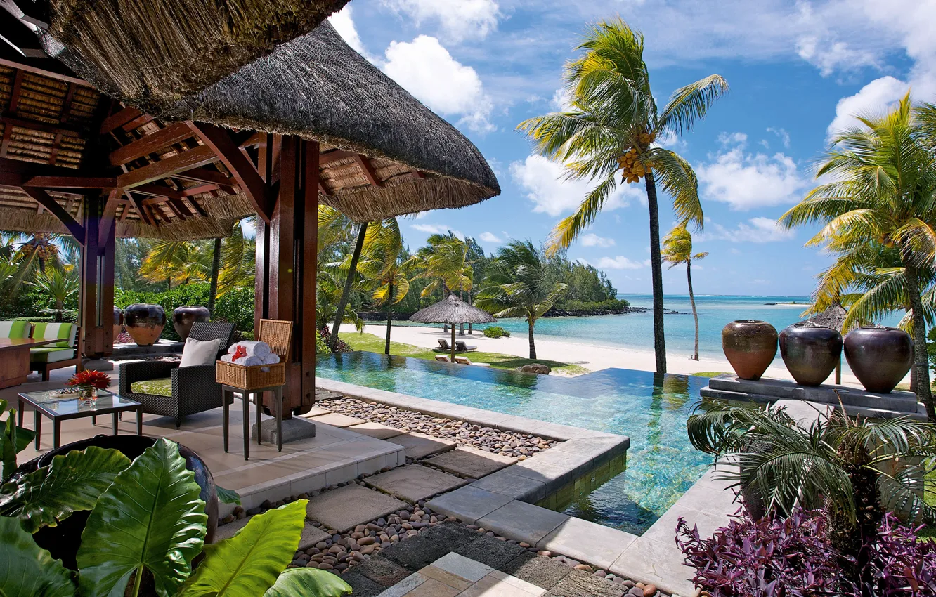 Фото обои пальмы, океан, бассейн, курорт, бунгало